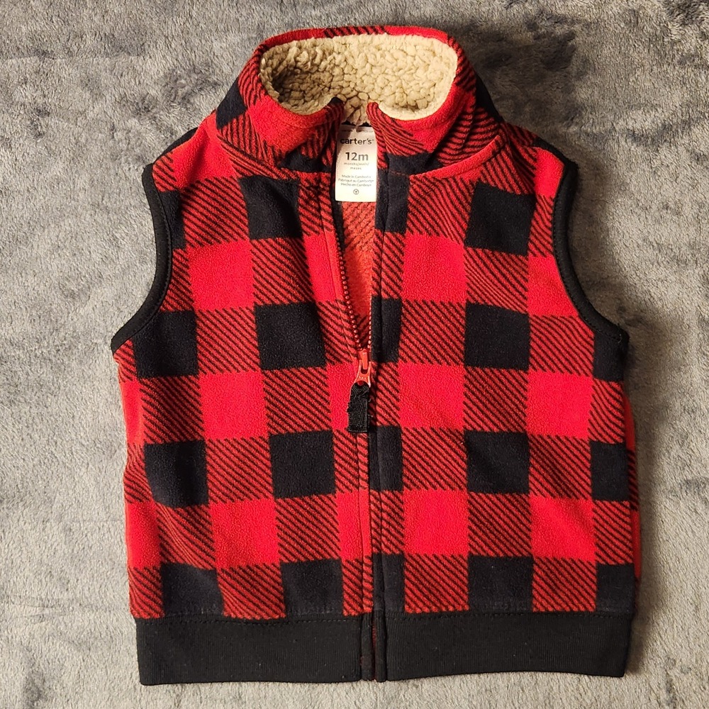 Carters Baby Vest 12M Red Black Buffalo Plaid Fleece Sherpa Collar Zip 1P811410